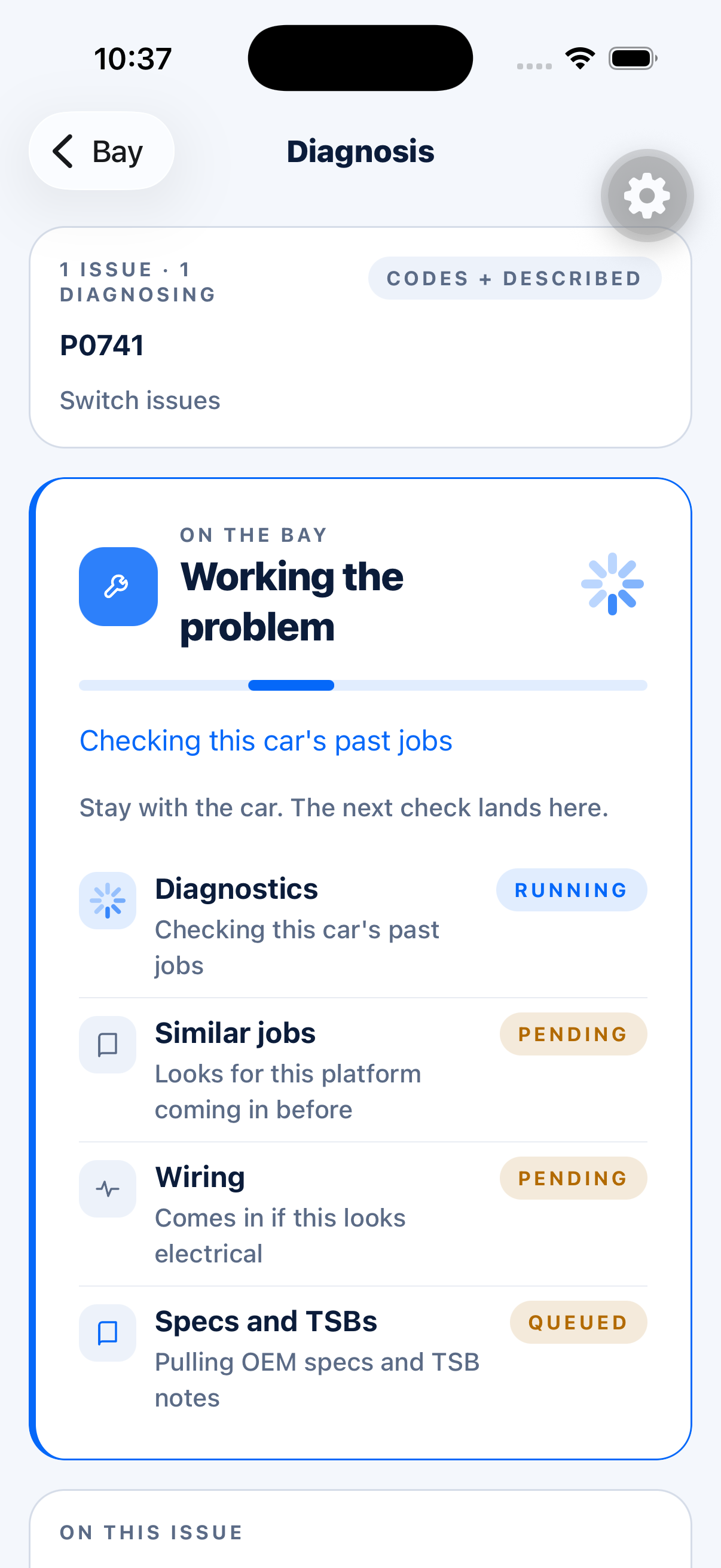 SparkrOS on iPhone working a P0741 diagnosis — checking past jobs, similar cases, wiring, and OEM specs